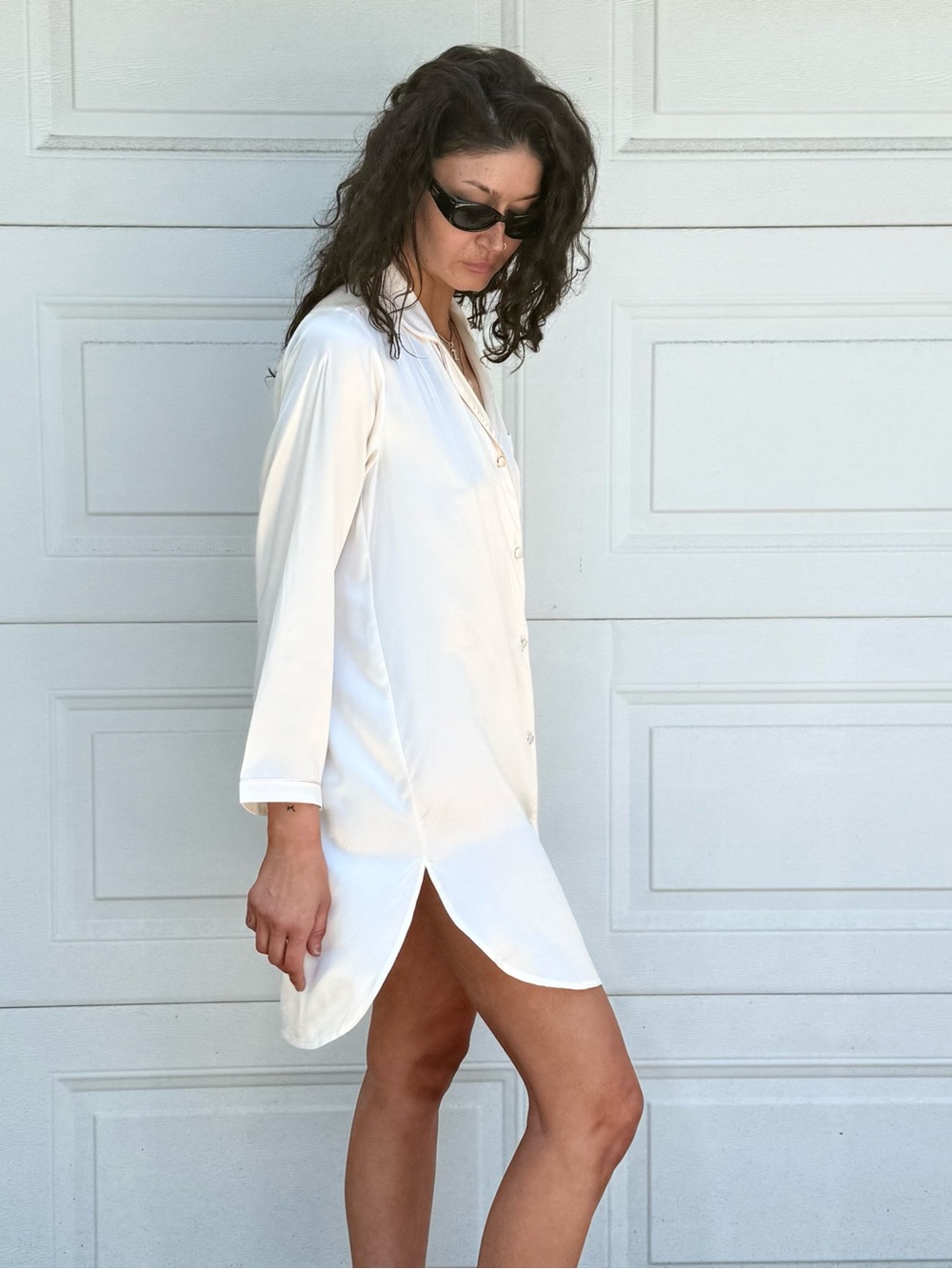 Vintage Halston Silk Nightshirt Blush Ivory Shirtdress Button Front Nightgown